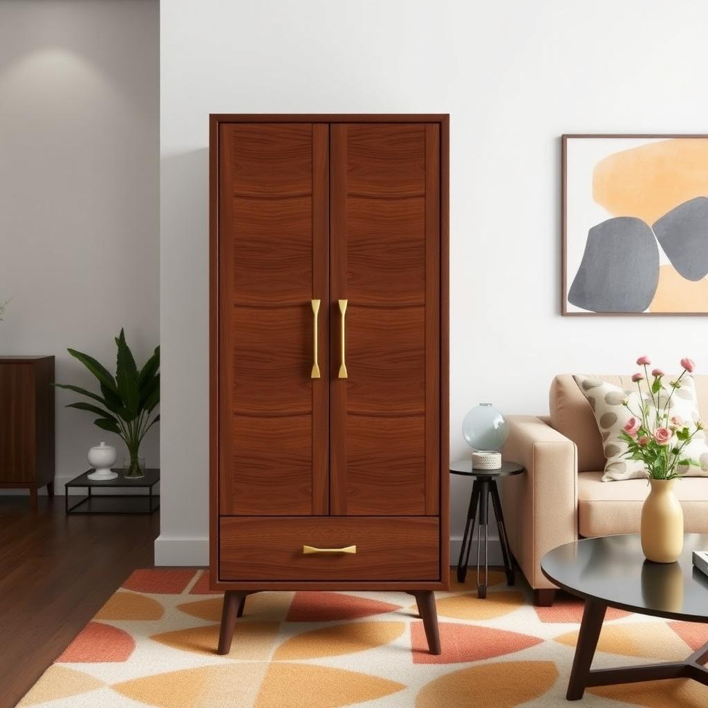 Mid-century modern walnut armoire in a cozy living room with retro decor.