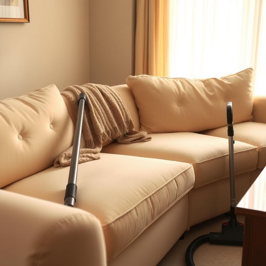 Clean cream-colored sofa in a cozy living room with a vacuum cleaner nearby