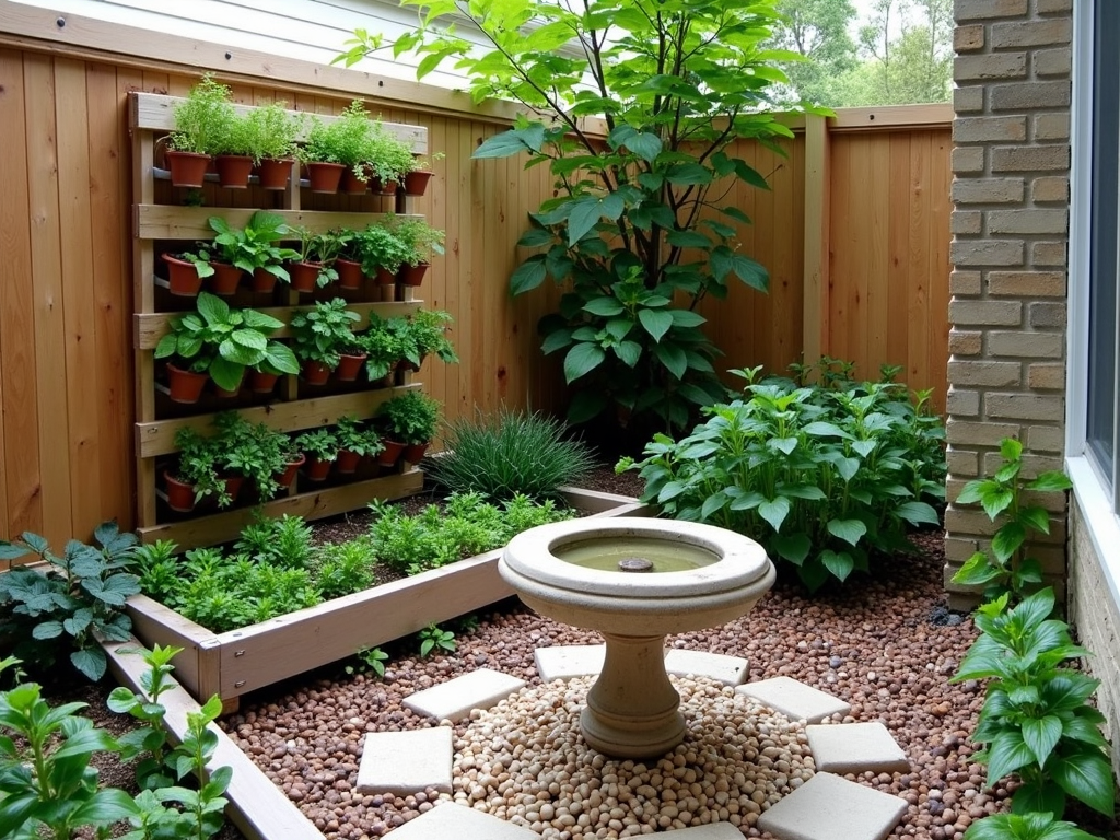Backyard corner with vertical garden and birdbath