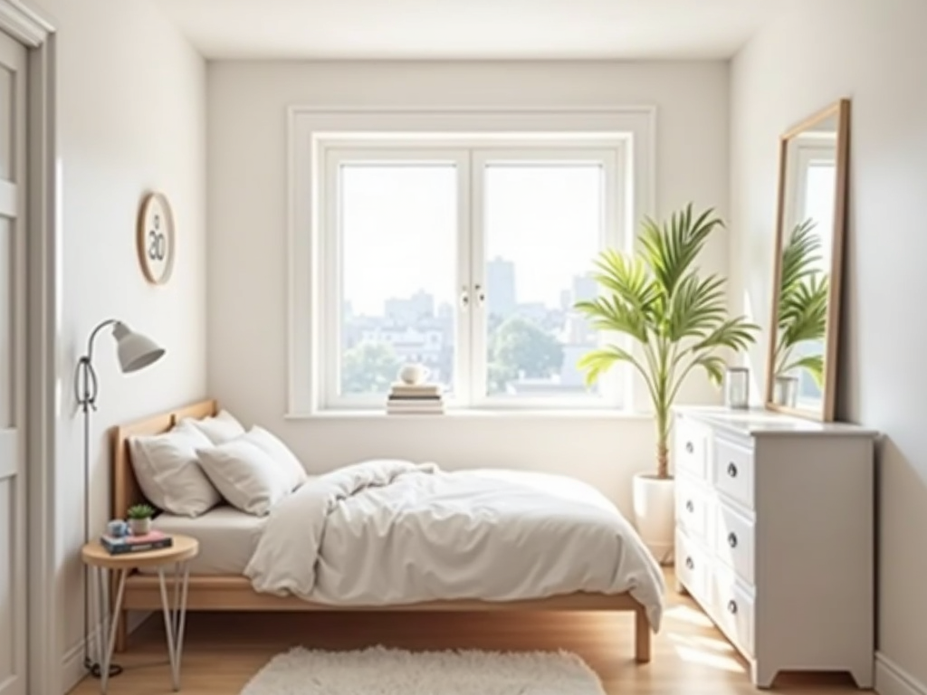 A small bedroom designed with light colors and mirrors to create a sense of space.