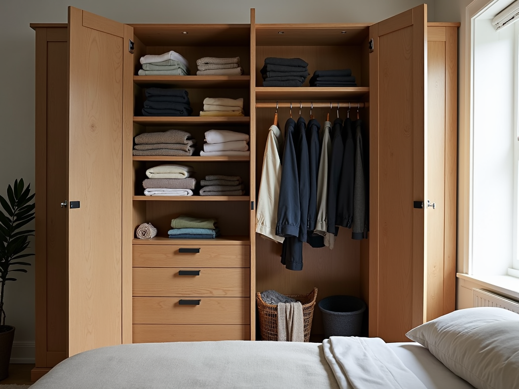 Organized armoire with seasonal clothing sections.