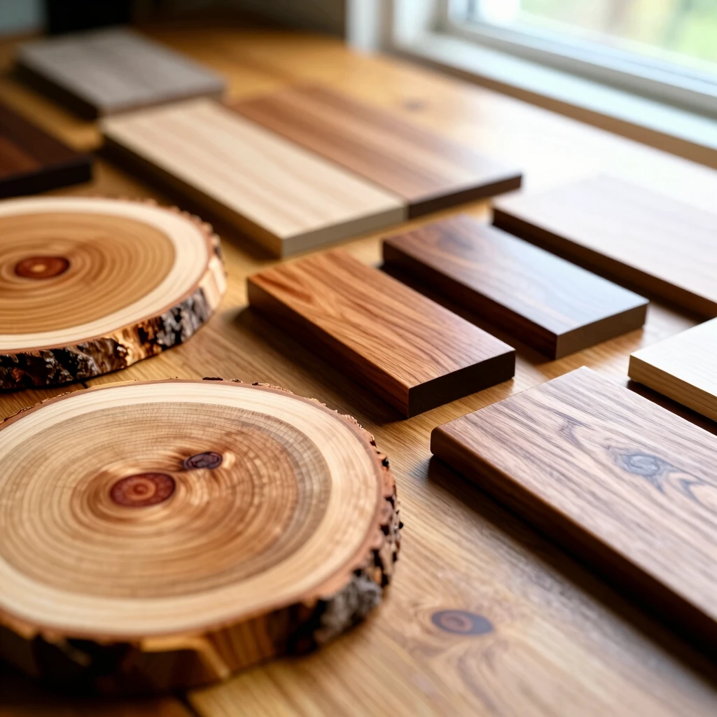 Samples of different woods like oak and cherry displayed on a table