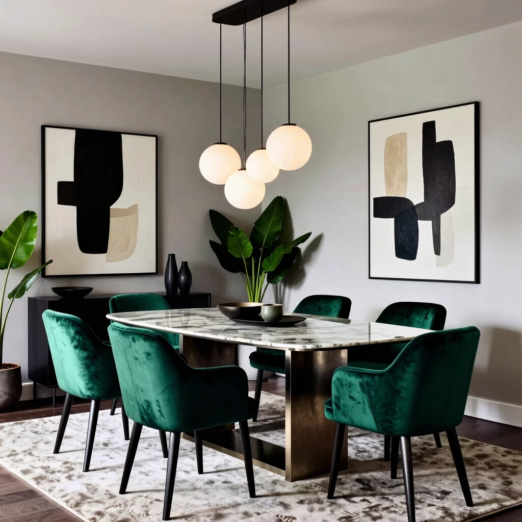 Contemporary elegant dining room with marble table, velvet chairs, and pendant lights