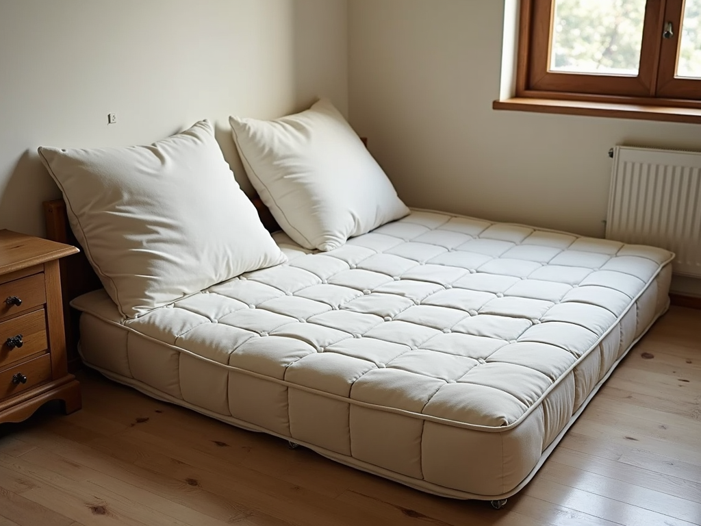 A tri-fold futon as a bed with bedding