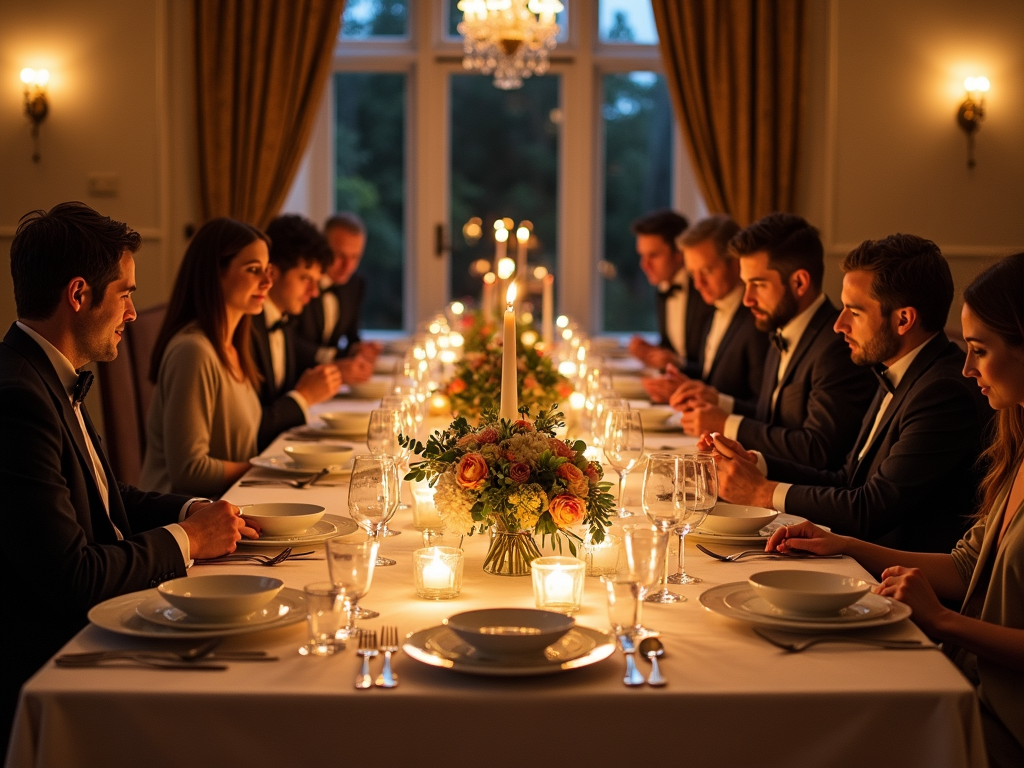 A dining room set for entertaining with a long table and elegant decor