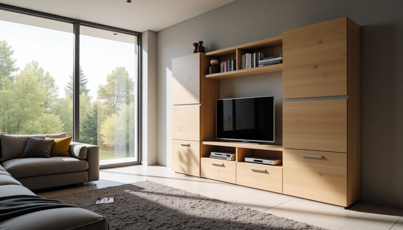 A bright, modern living room featuring sleek cabinet furniture.