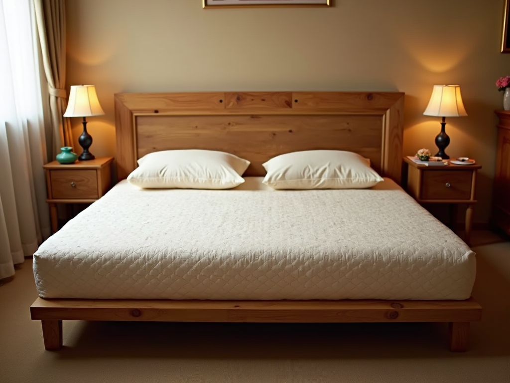 A traditional futon with a wooden frame in a cozy small space.