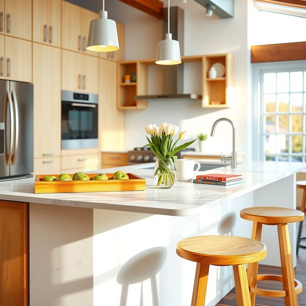 Modern kitchen island decorated with fruit, flowers, and books
