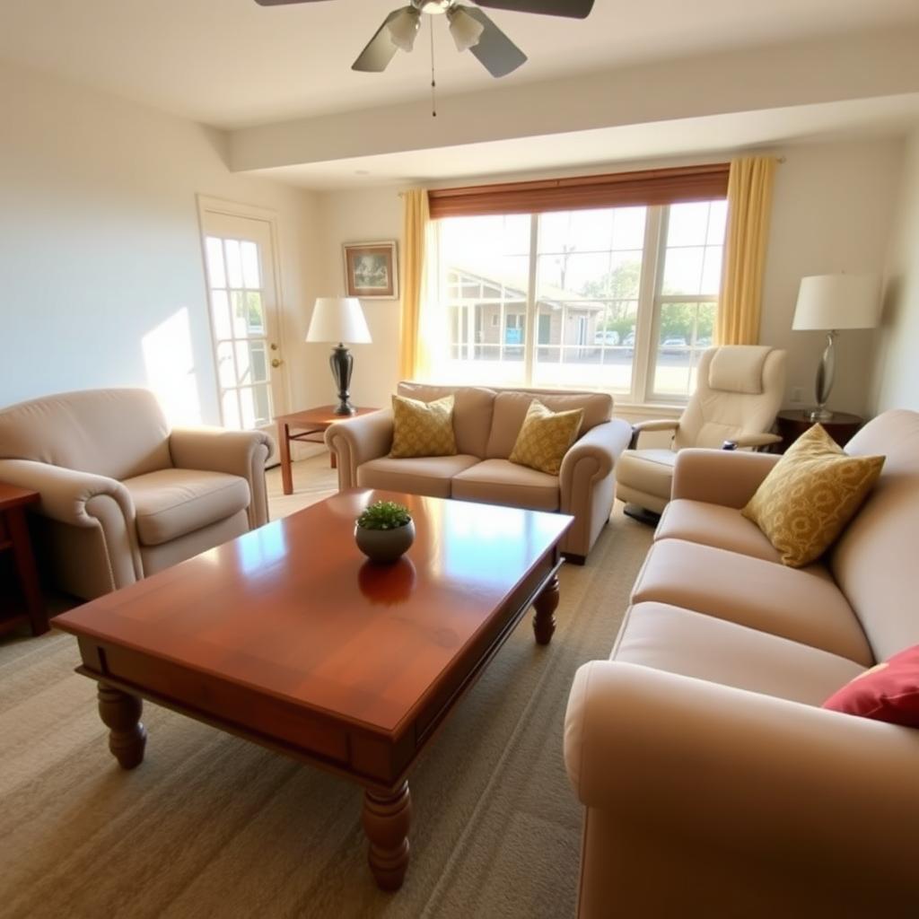 Cozy living room with clean wooden coffee table, beige sofa, and modern recliner under natural sunlight