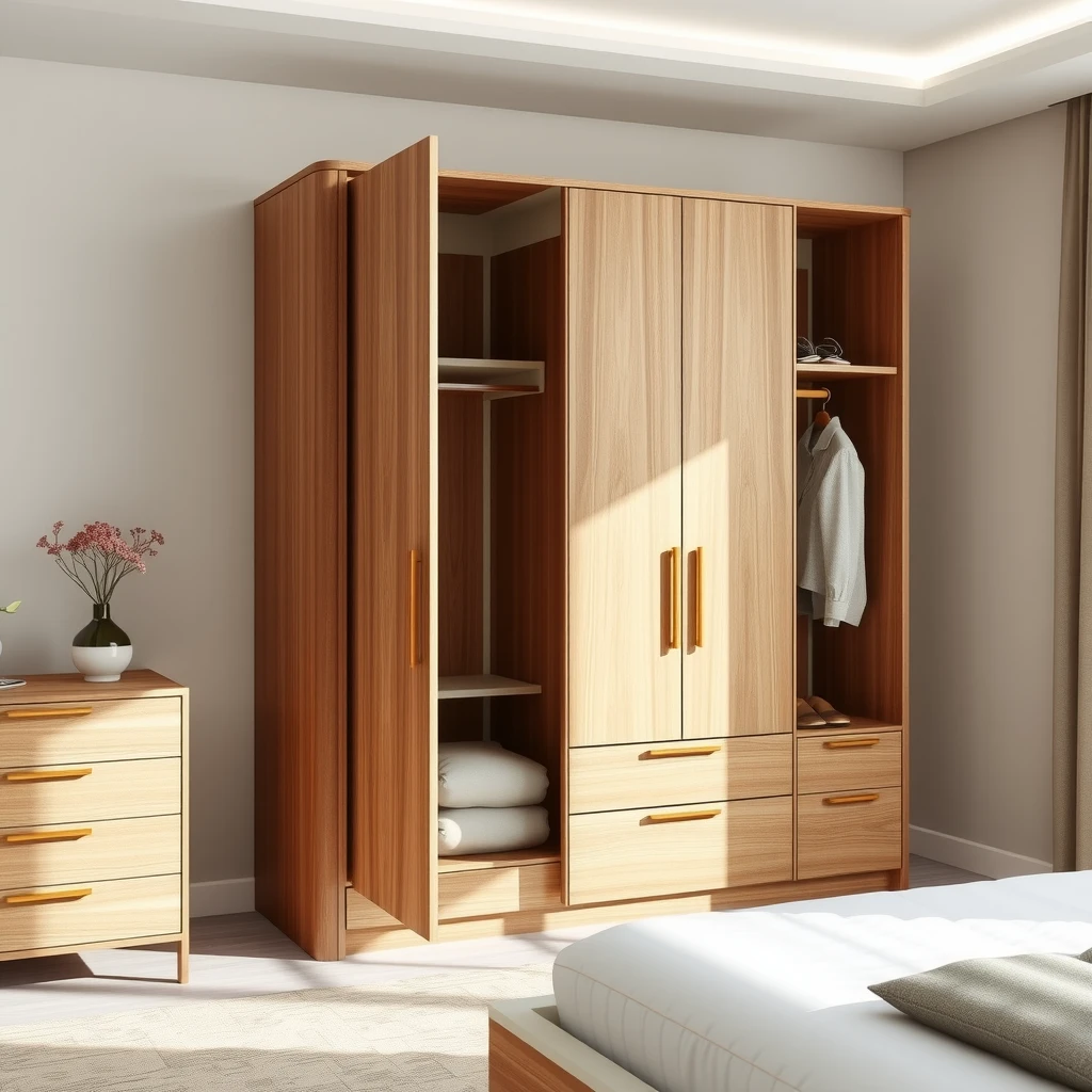 Sleek minimalist armoire showcasing clean lines and natural wood in a modern bedroom