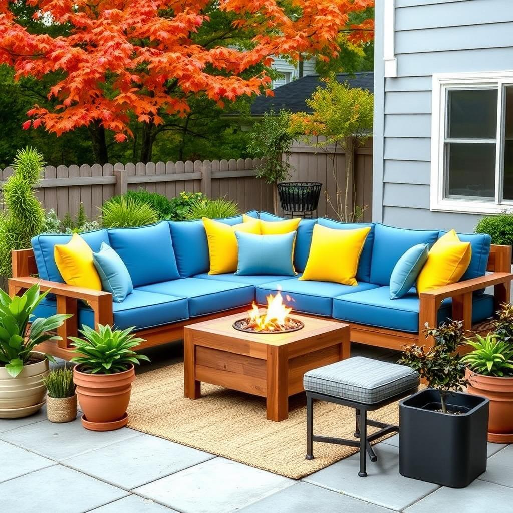 Cozy patio with teak sofa, colorful cushions, potted plants, and a glowing fire pit in autumn.