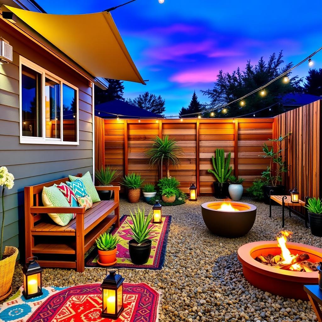Vibrant outdoor patio at twilight with a bench, succulents, solar lanterns, and a DIY fire pit.