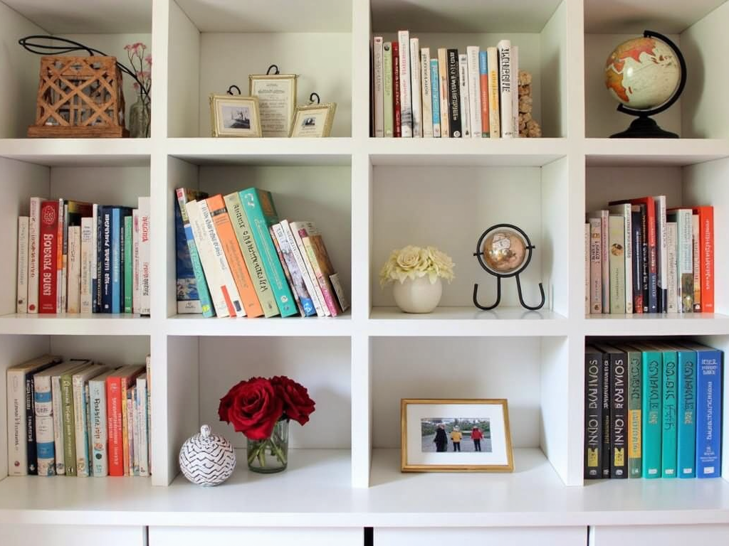 Well-arranged bookshelf with books and decor