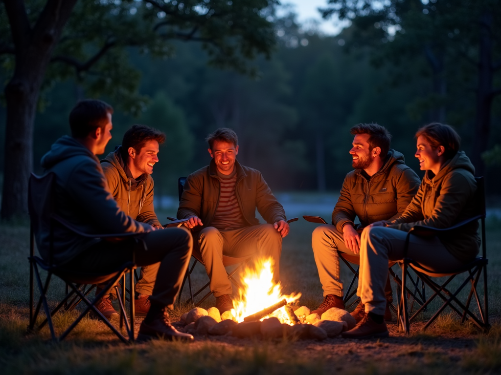 Campers relaxing in foldable chairs around a campfire.
