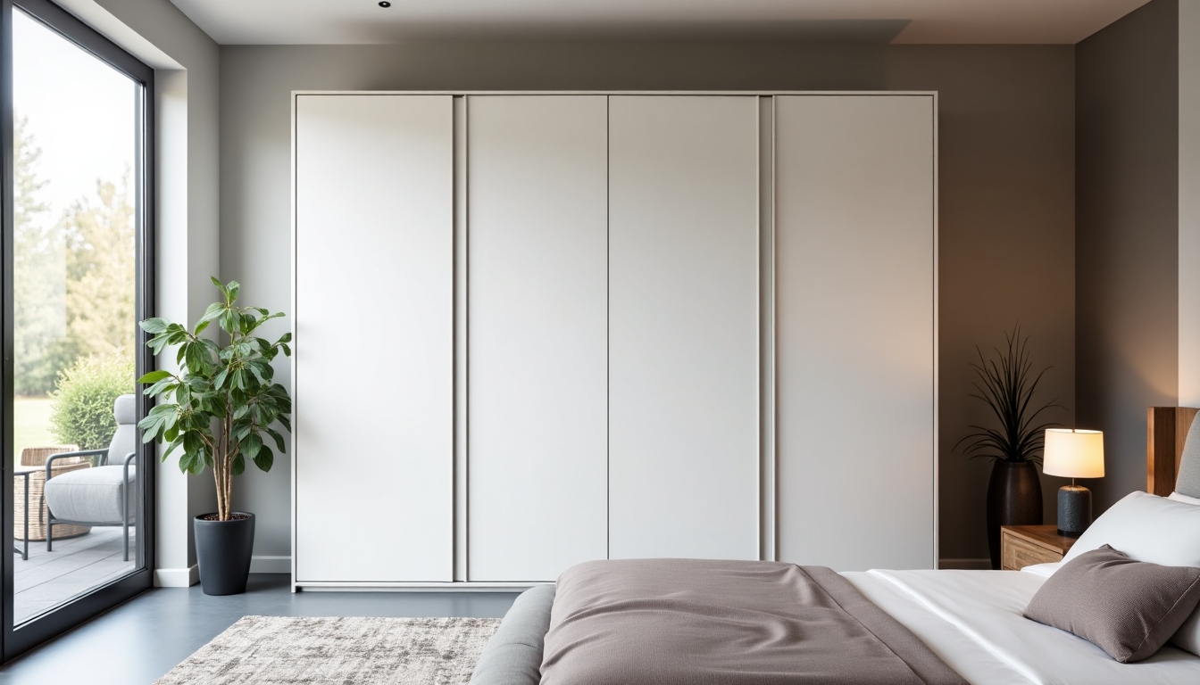 A cozy bedroom featuring a minimalist white armoire against a gray wall backdrop.