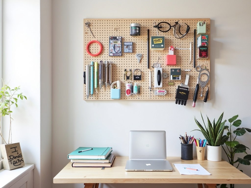 A home office with a pegboard organizing stationery and craft supplies.