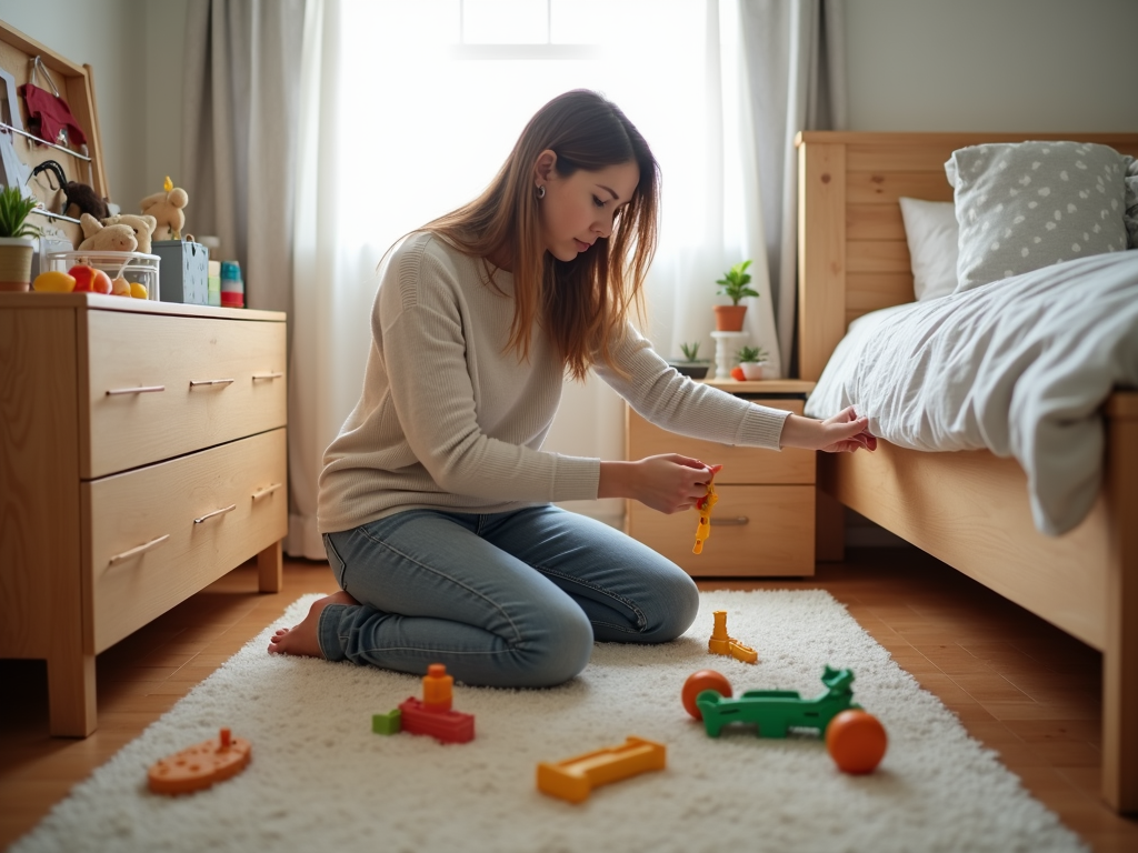 Parent checking kids' room for safety hazards