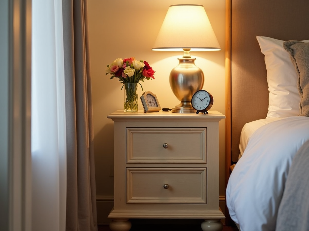Cozy guest room with a functional nightstand