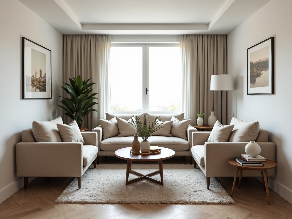 Conversational furniture layout in a small living room