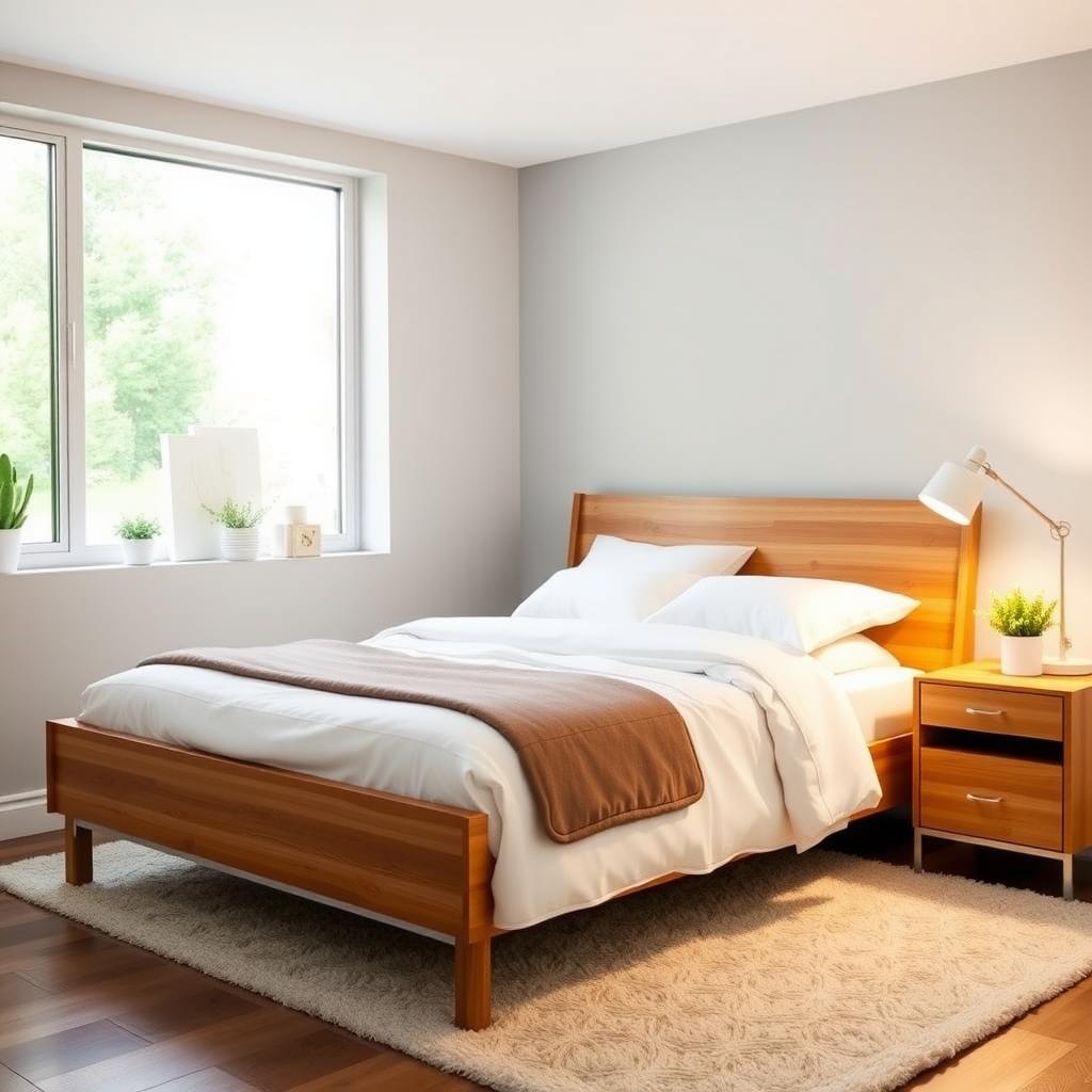 Cozy modern bedroom with a wooden bed, white bedding, and a nightstand with a lamp and plant.