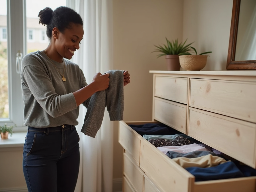 Person folding clothes by a six-drawer dresser