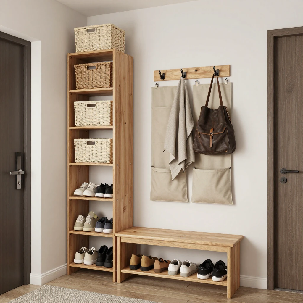 Optimized small apartment entryway with vertical shelves, hooks, and multifunctional storage