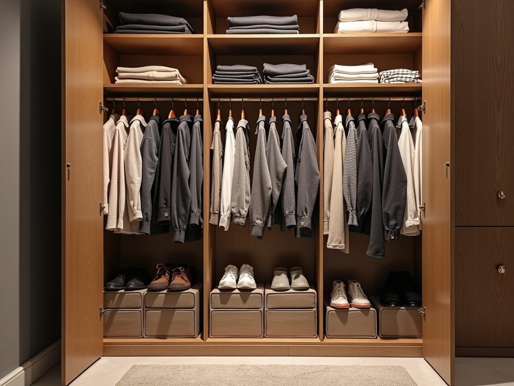 An organized armoire displaying seasonal clothing essentials.