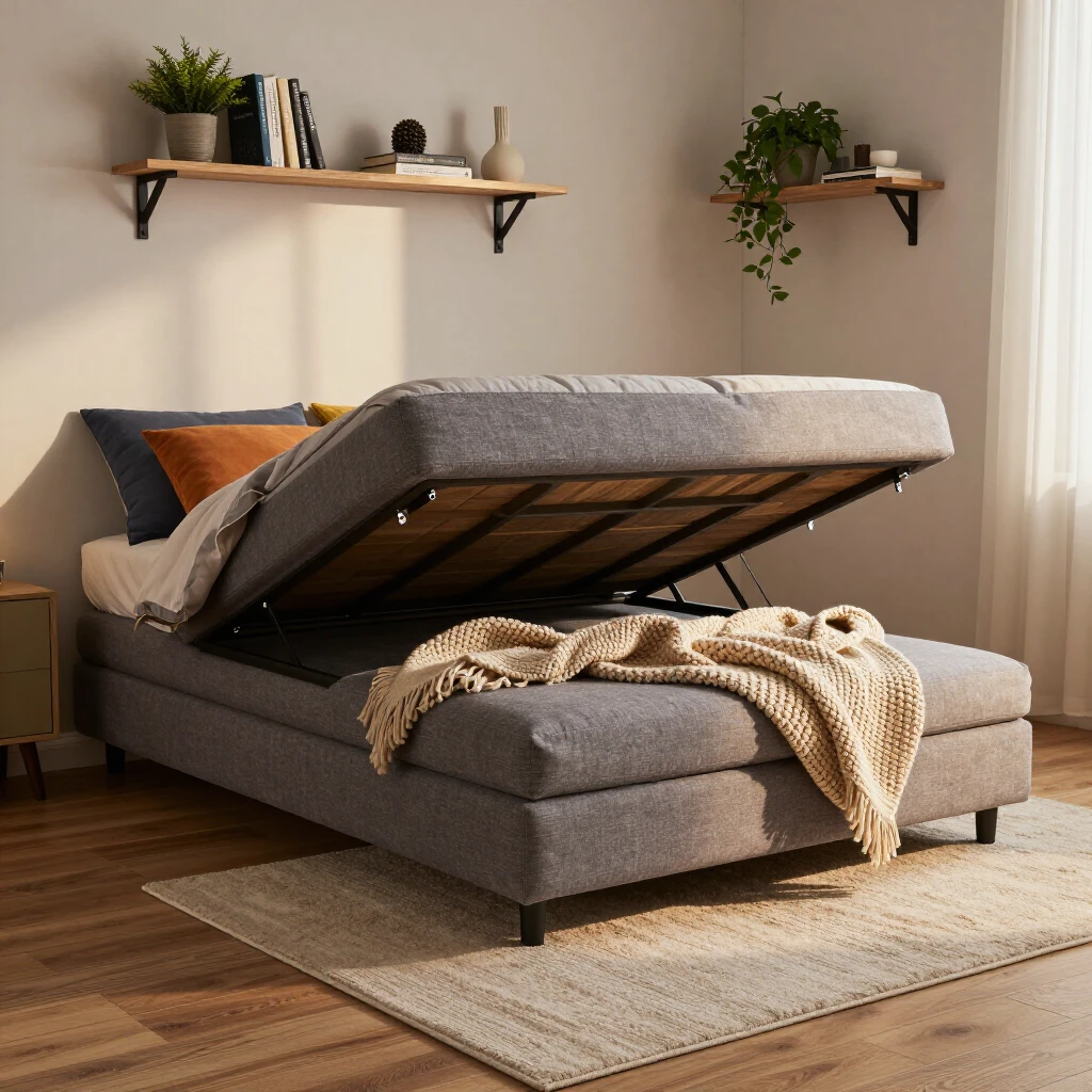 Ottoman futon serving as a stylish bed in a petite apartment bedroom