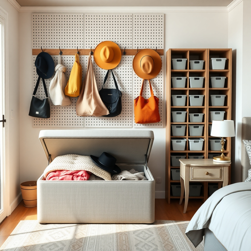 Assortment of storage solutions including ottoman, pegboard, bookcase, and bedside table
