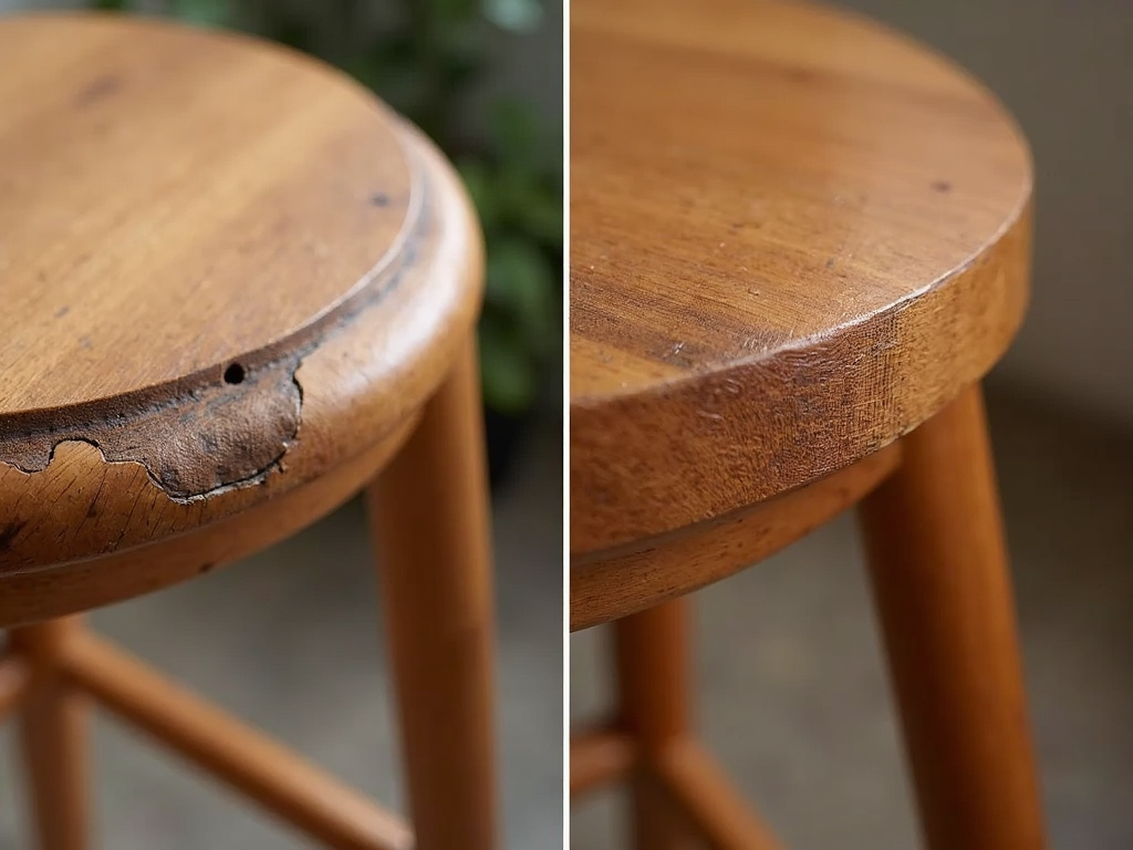 Comparison of humidity-damaged and well-maintained wooden bar stool