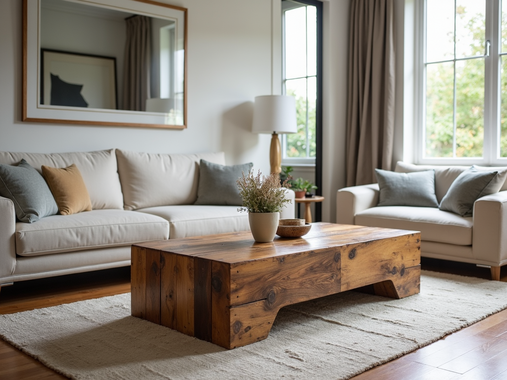 A reclaimed wood coffee table in a modern living room setting.