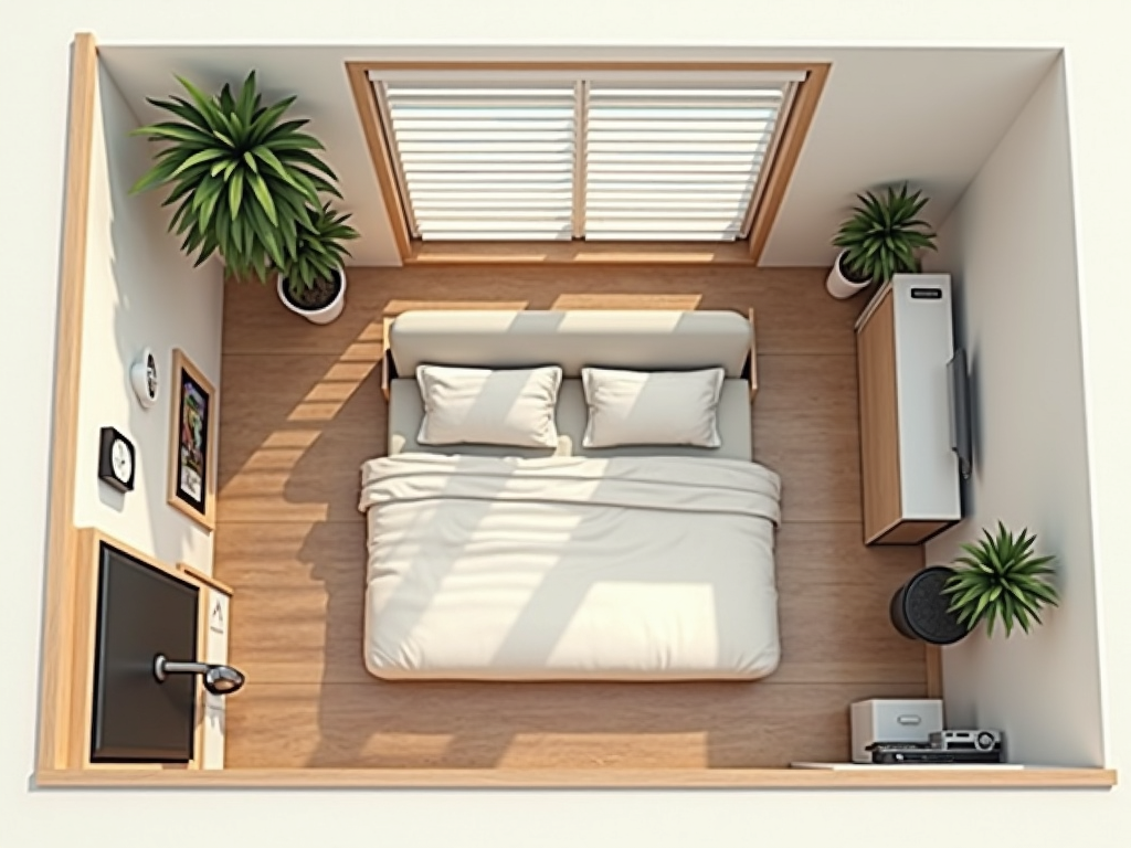 A small apartment layout showing a well-fitted futon and space for movement.