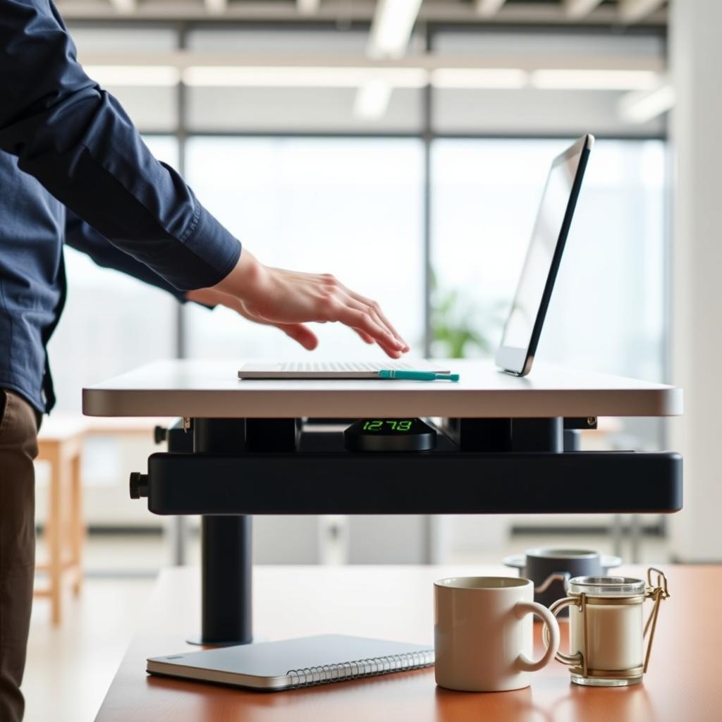 Person adjusting the height of a motorized standing desk with a digital display.