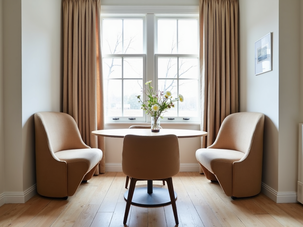 A dining nook with a round table and curved chairs.