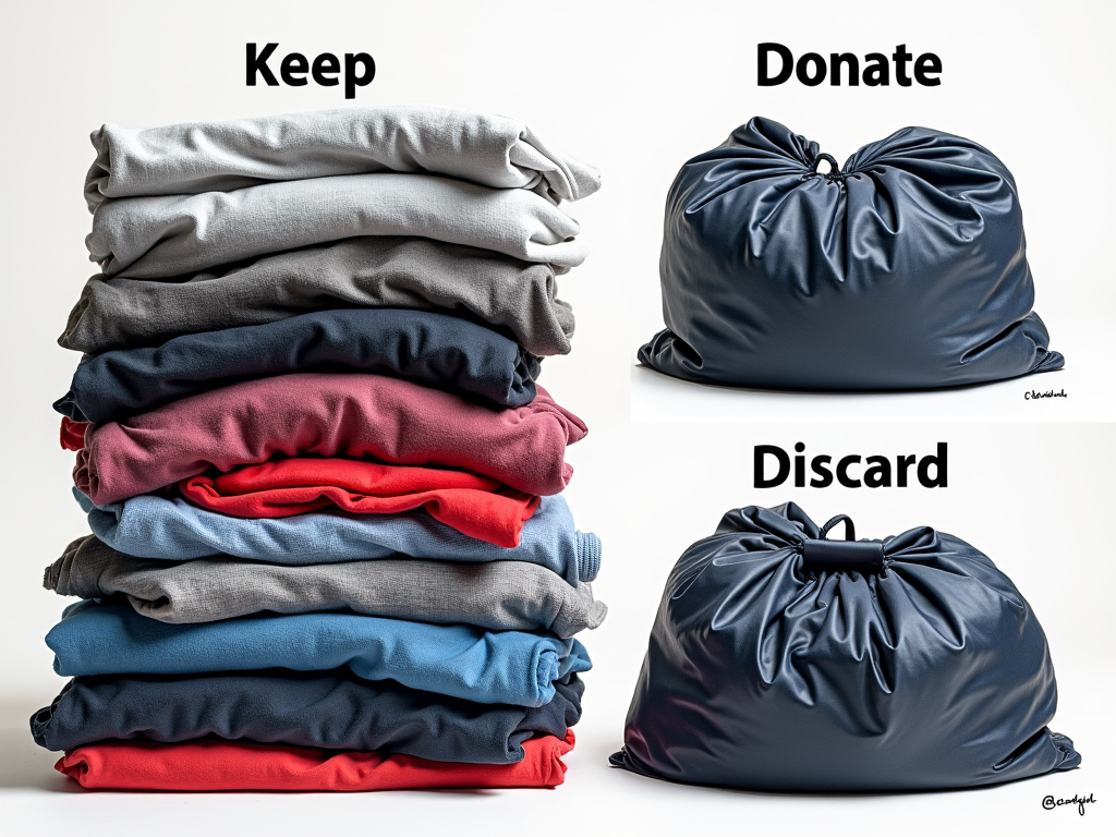 Sorting clothes into keep, donate, and discard piles