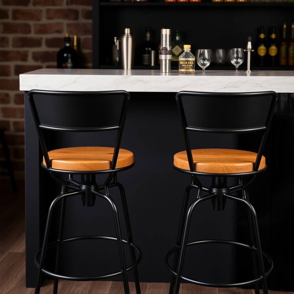 Two industrial bar stools at a sleek home bar counter with a marble finish.