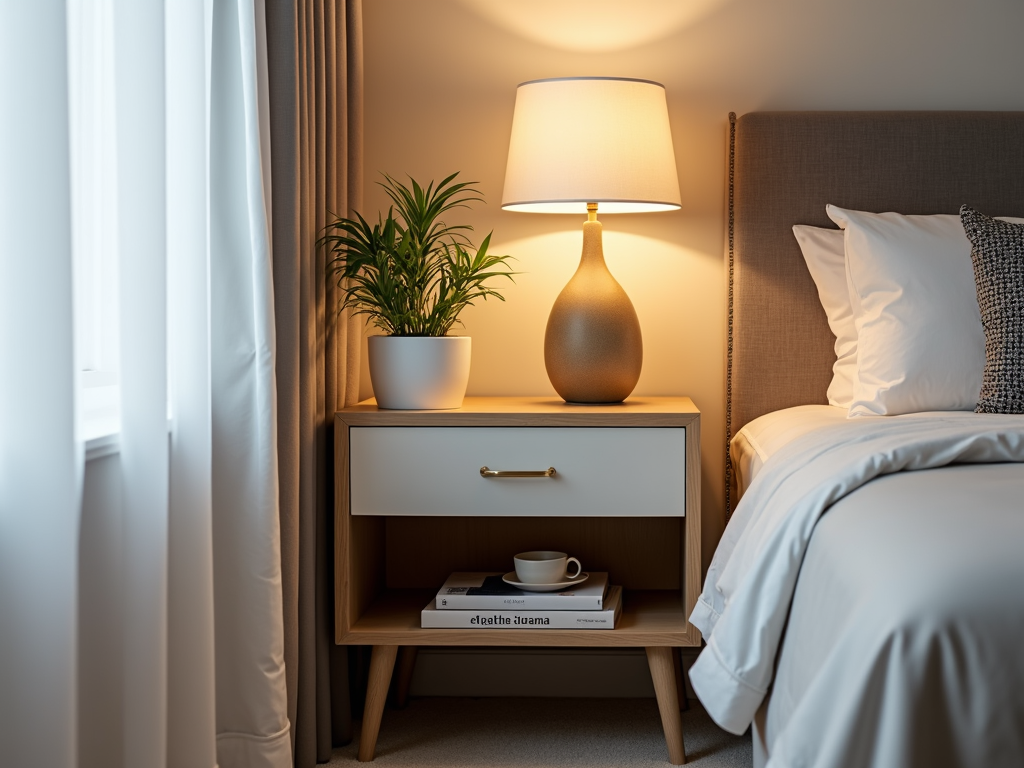 A stylish nightstand with a lamp, a book, and a small plant.