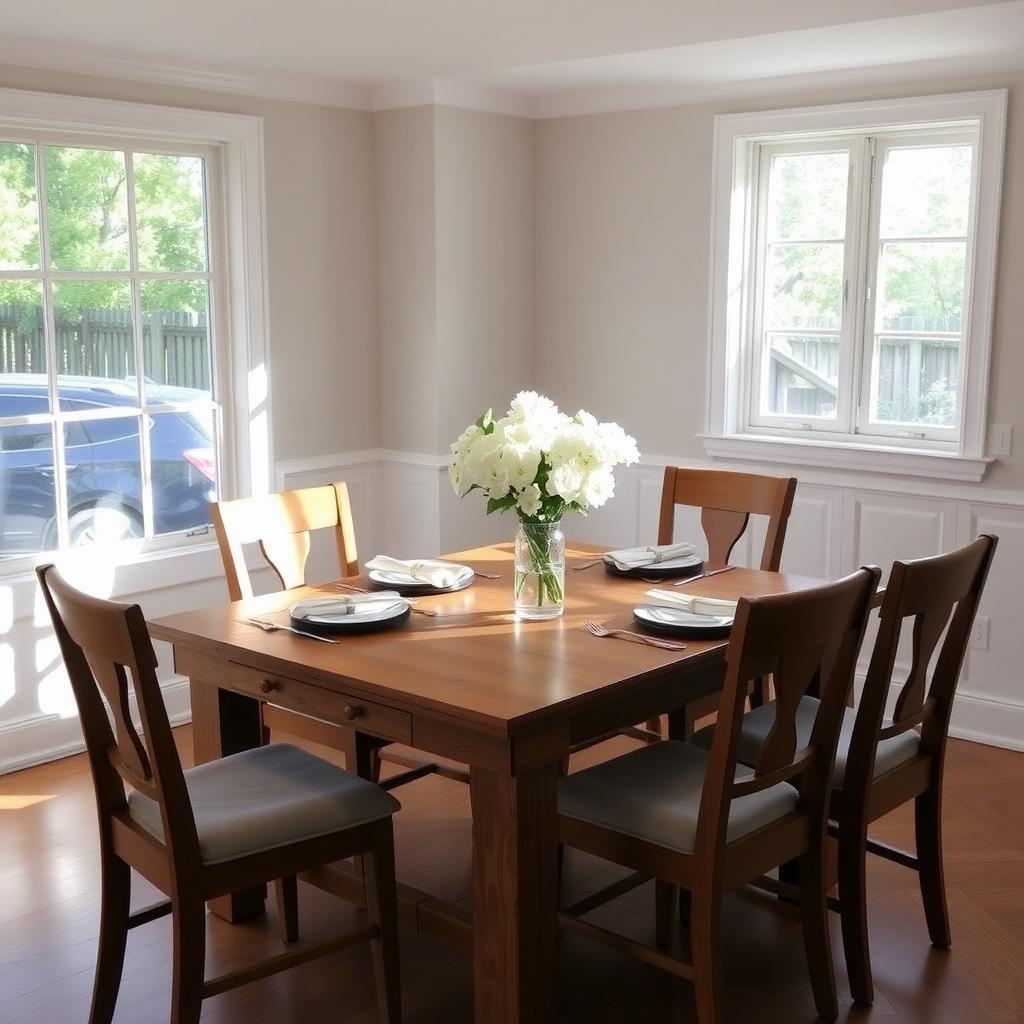 Cozy dining room with a rectangular oak table set for four, featuring a white flower centerpiece and soft natural light.