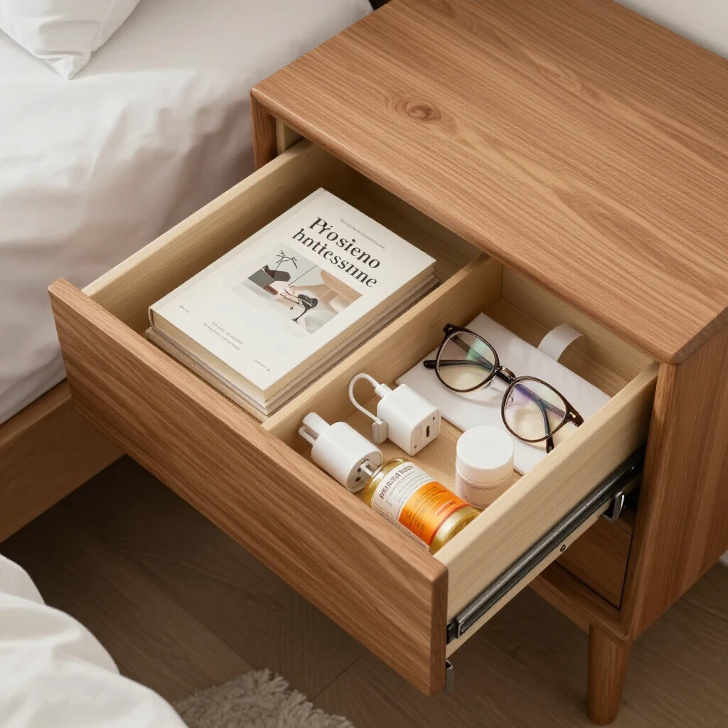 Organized nightstand drawer with dividers