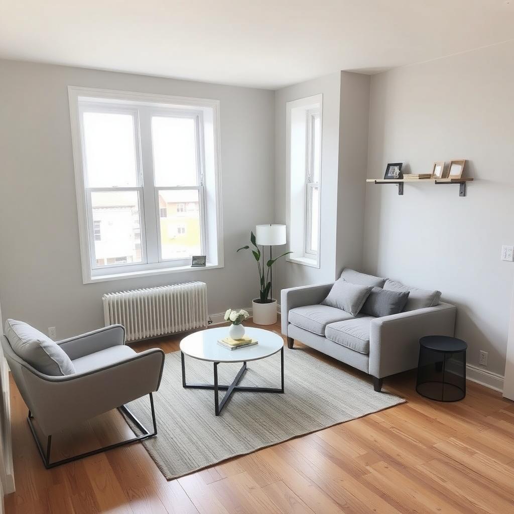 Cozy living room with a minimalist furniture arrangement, including a sectional sofa, coffee table, and accent chair, bathed in natural light.