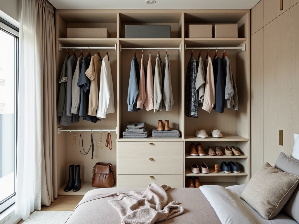 A well-organized bedroom closet with hanging shelves and shoe racks.