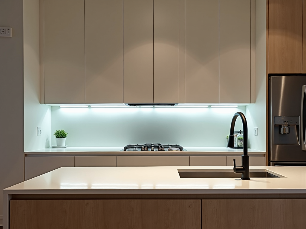 A kitchen with under-cabinet LED strip lights and recessed LED lights.