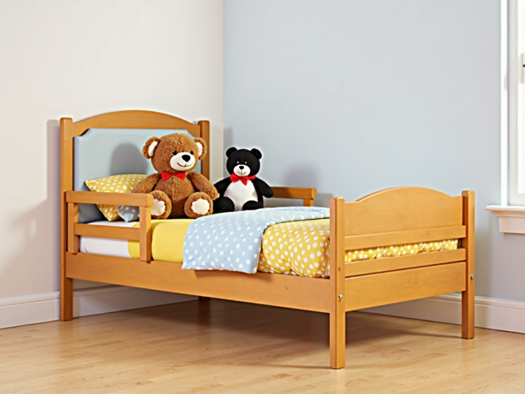 A safe toddler bed with guardrails and cozy bedding.