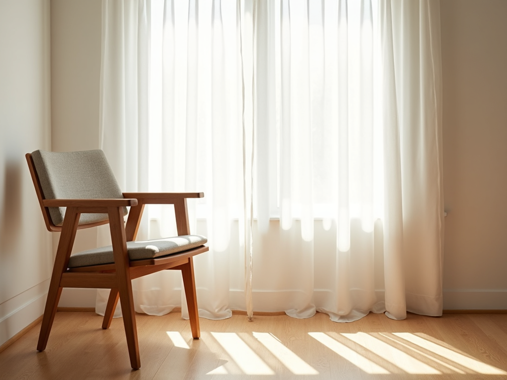 Wooden chair protected from sunlight with a curtain.