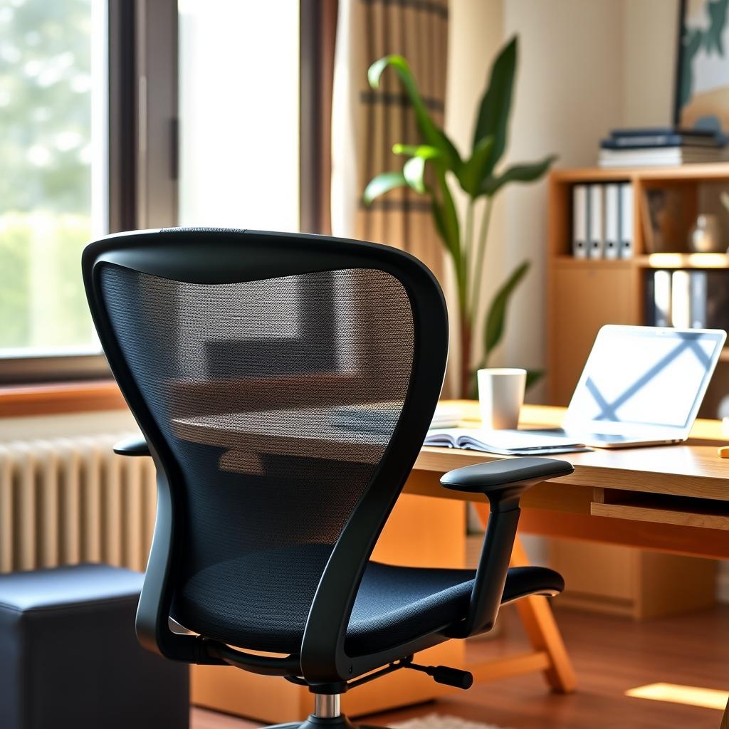 A black Herman Miller Aeron chair in a modern home office with a wooden desk and natural light.
