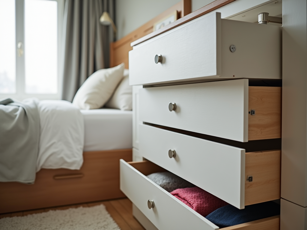 A modern dresser in a small bedroom with under-bed storage, highlighting efficient furniture.