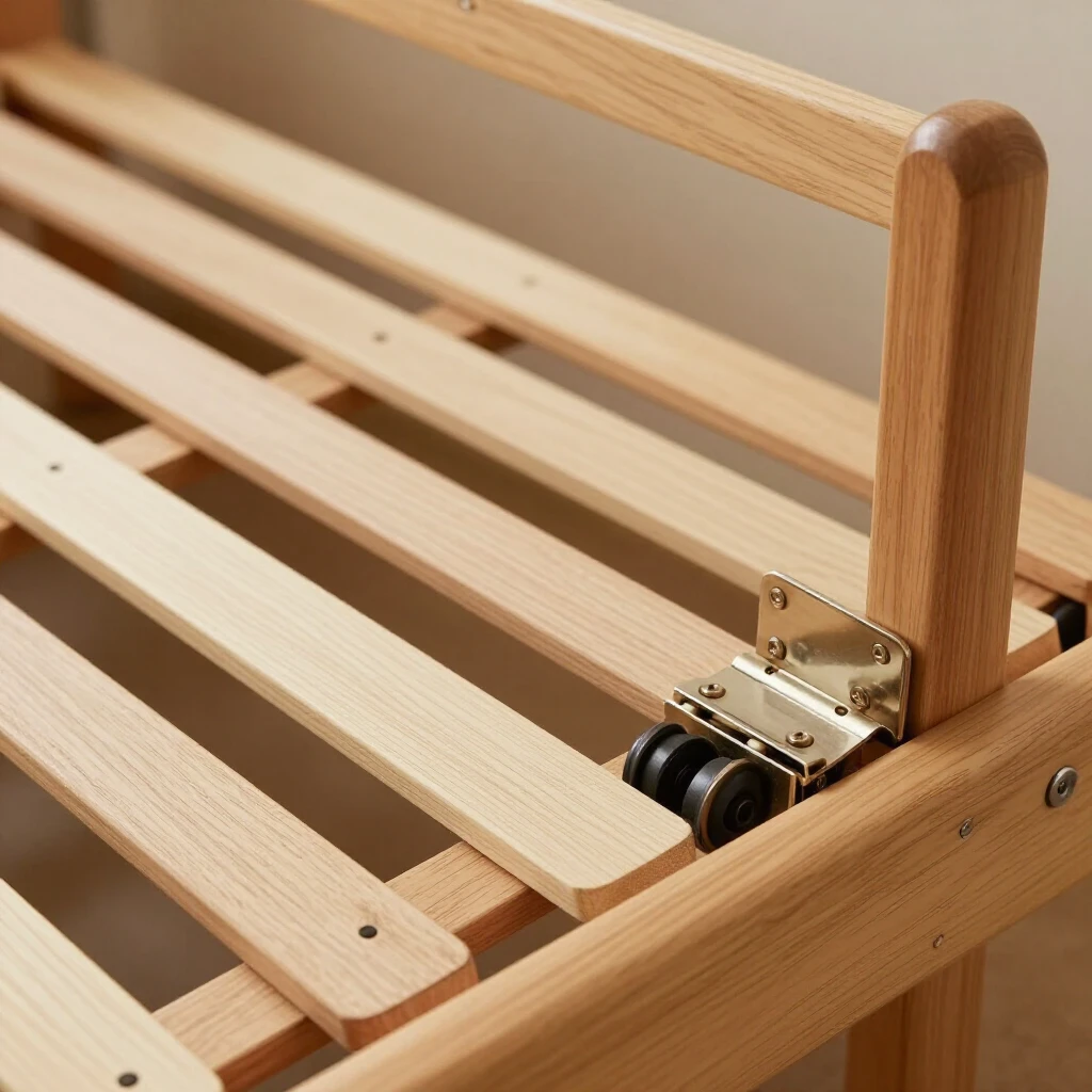Close-up of futon conversion mechanism with rollers and grooves