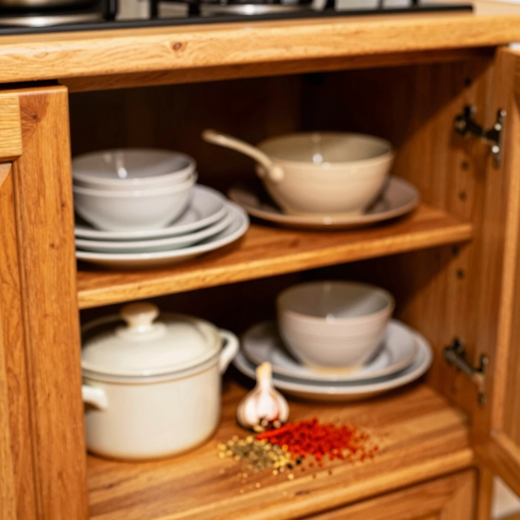 Cluttered kitchen cabinet overflowing with pots and dishes before DIY organization