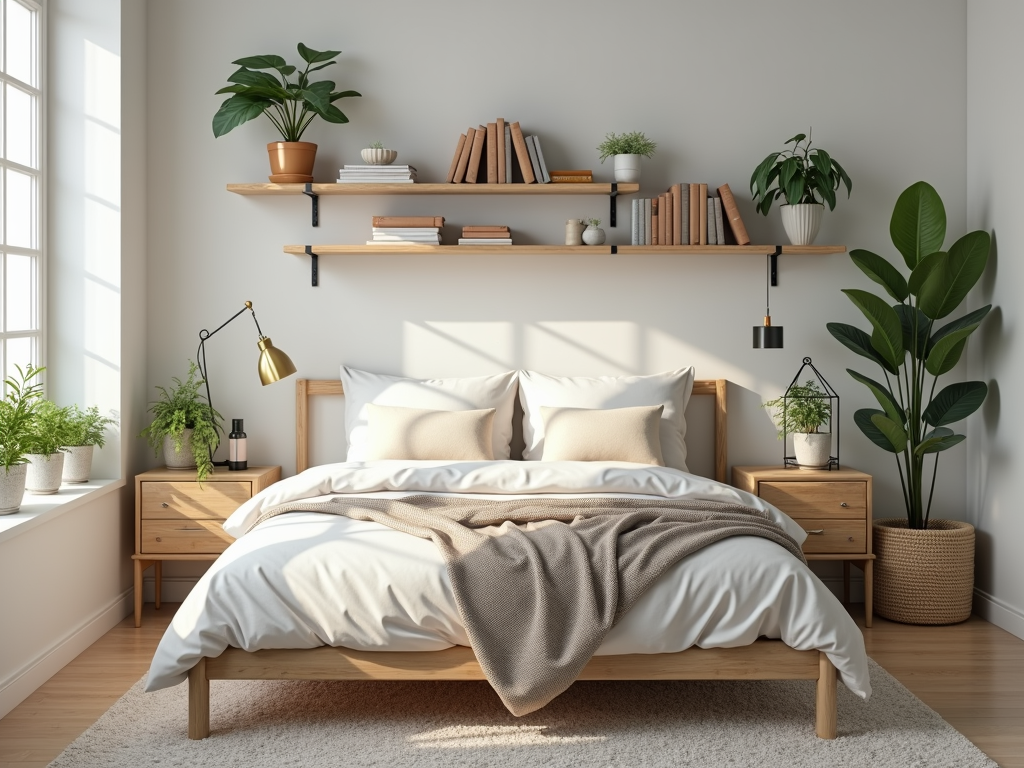 Organized bedroom with nightstand and shelves
