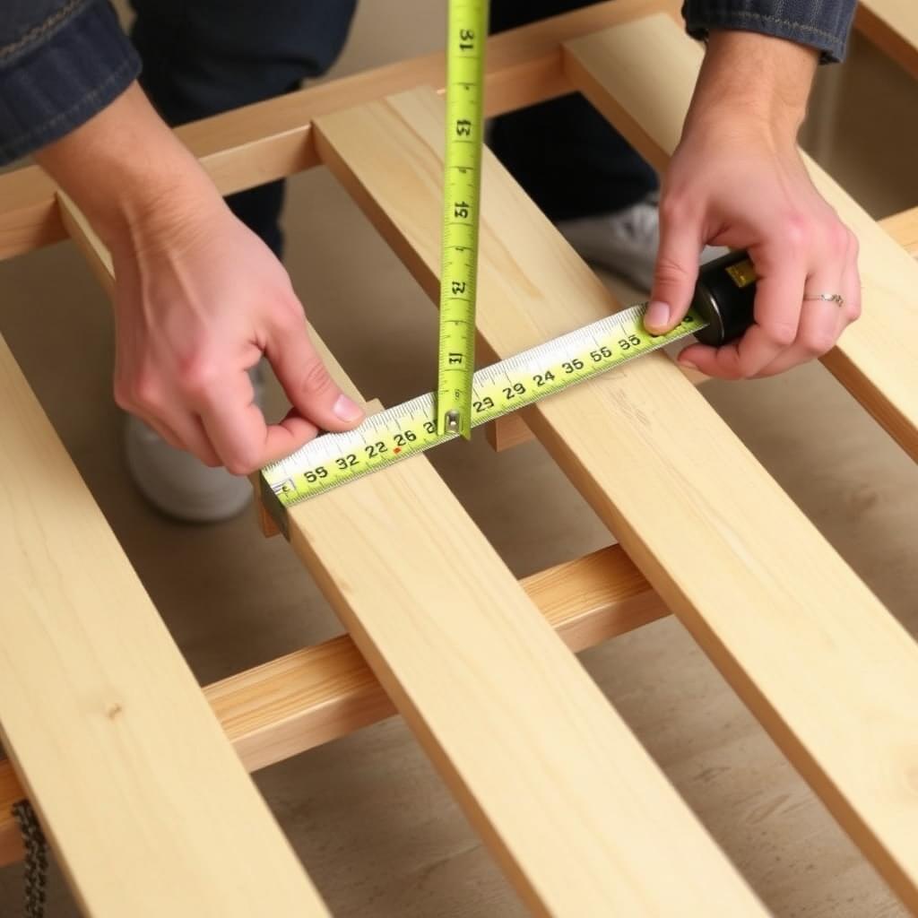 Measuring a replacement slat for a futon frame.